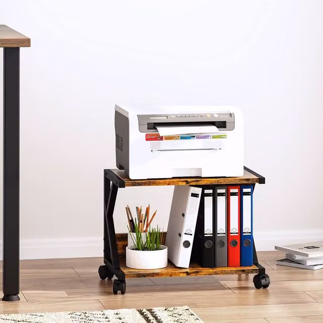 Huhote 2-Tier Wooden Desktop Printer Stand with Wheels and Storage in Brown – 1