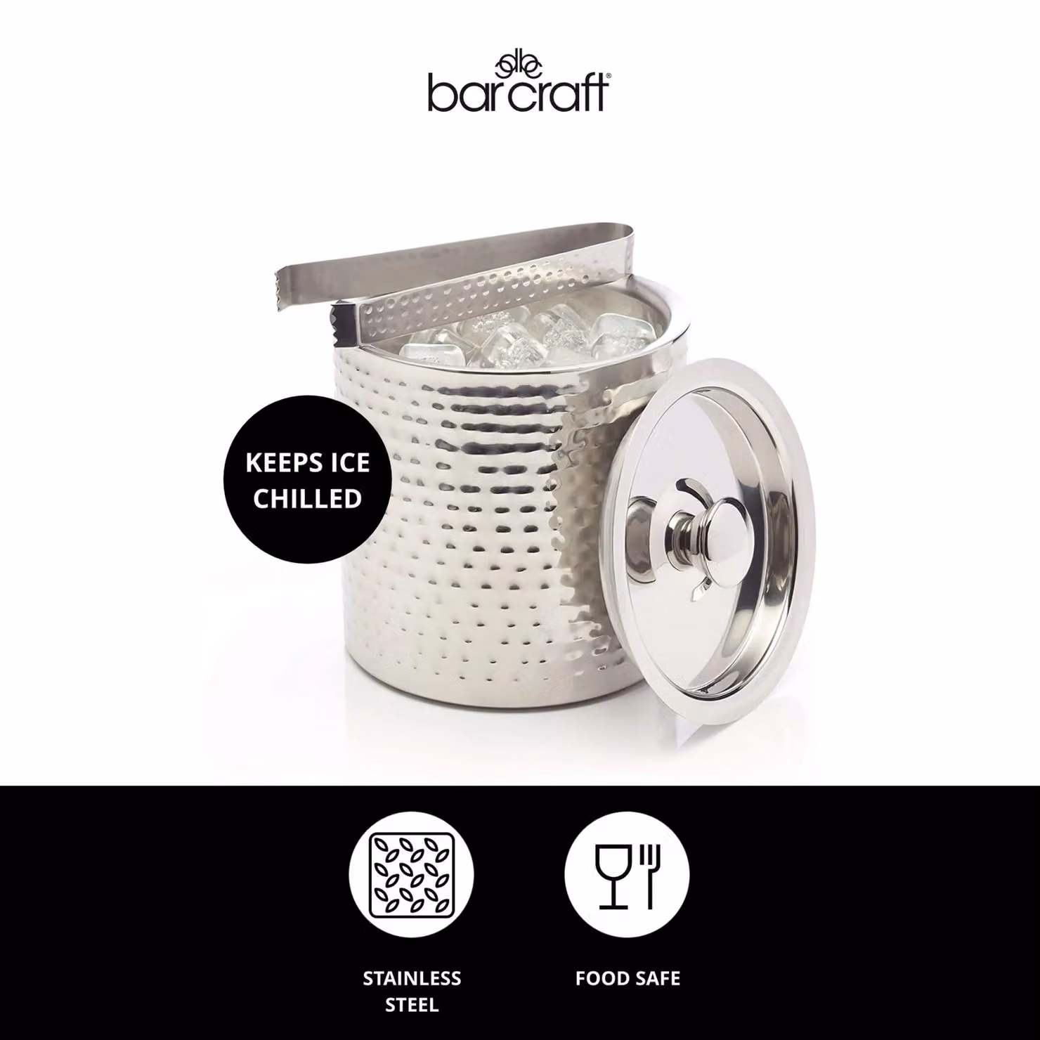BarCraft Small Hammered Stainless Steel Ice Bucket with Lid and Tongs in Silver – 7