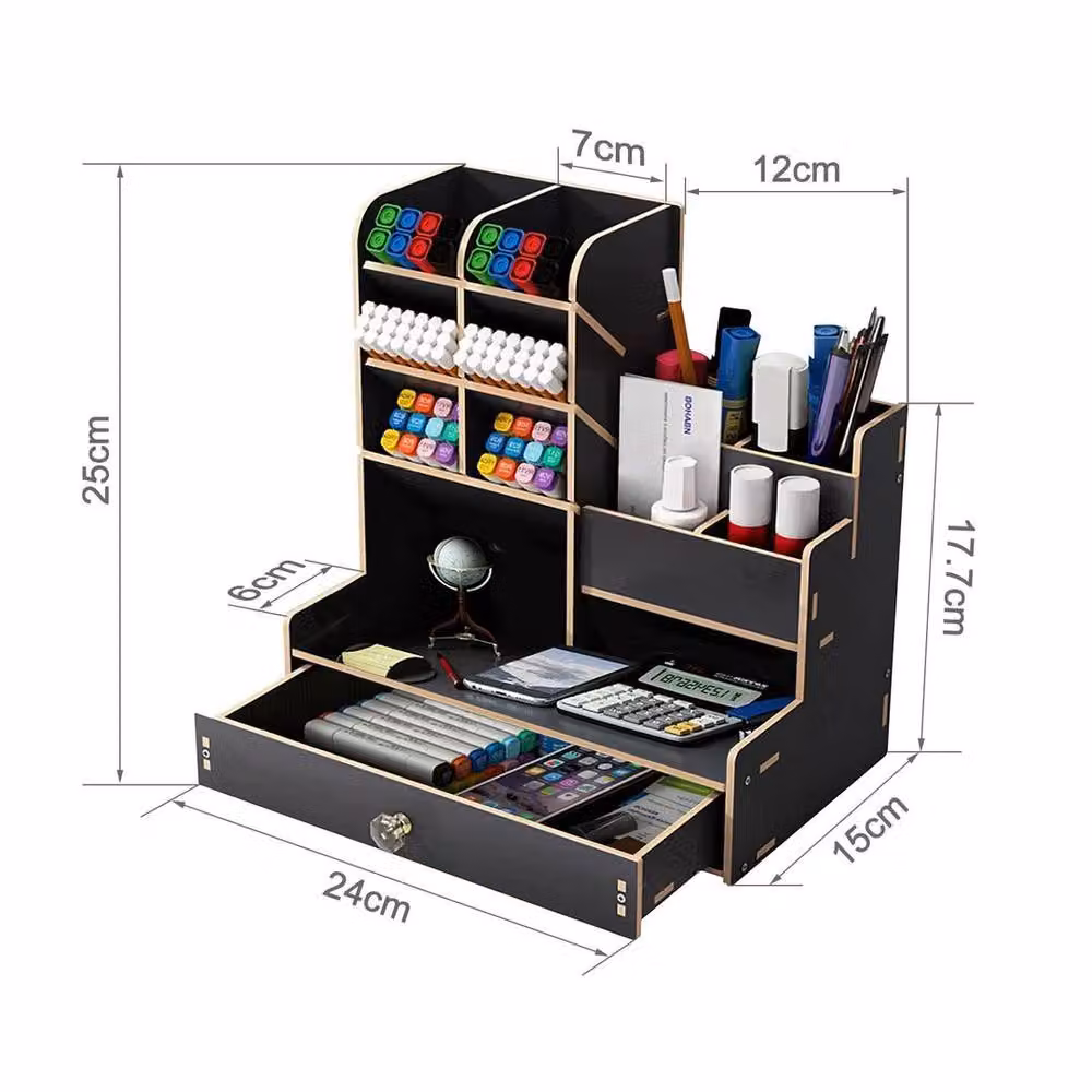 PAWNORA Multi-Compartment Office Study Desk Organiser in Black Wood – 2