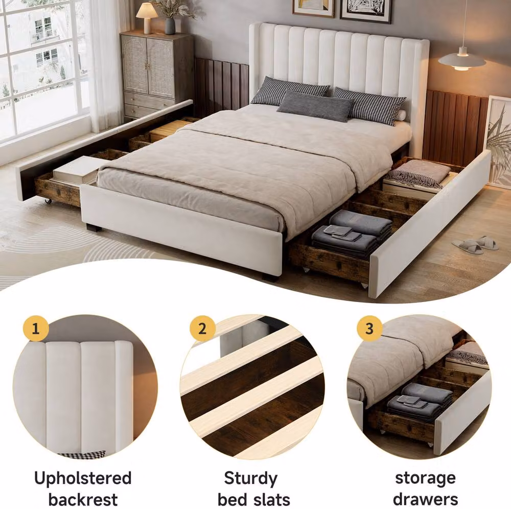 STILVORA Double Upholstered Velvet Bed with Storage Drawers in Beige, W/D/H: 140 x 200 x 137 cm – 3
