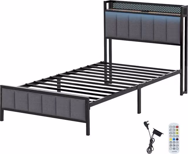 Levede Single Upholstered Bed Frame in Grey with LED Lighting and USB Charging Port, W/D/H: 90 x 200 x 100 cm – 1