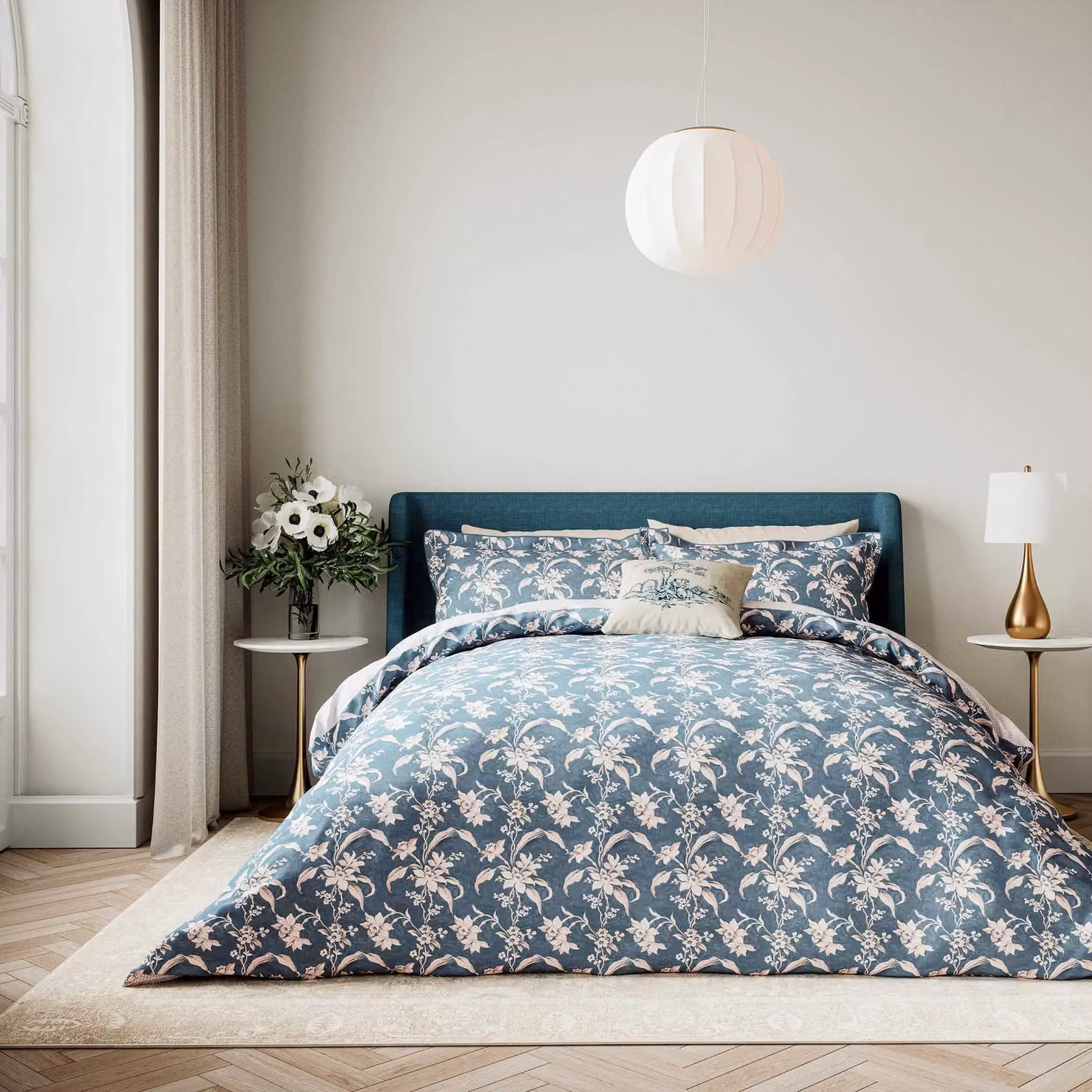V&A Daffodil Dreams Single Duvet Cover and Pillowcase Set, Blue Cotton Percale – 2