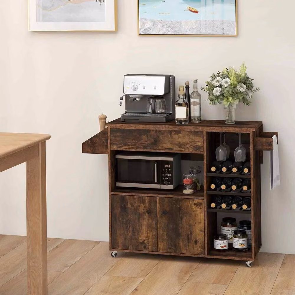 Hinsinc Drop Leaf Kitchen Island Cart Mobile Buffet Serving Cart in Brown – 2