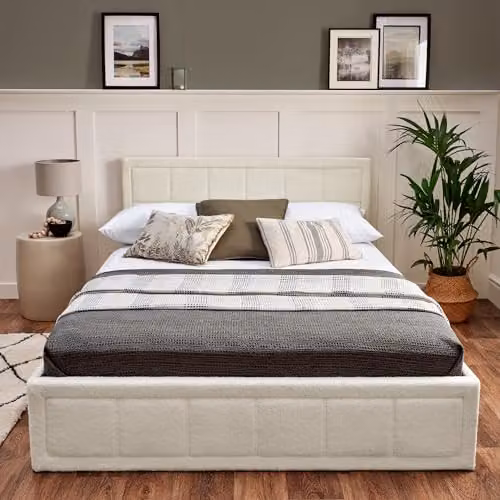 Home Treats Upholstered Ottoman Bed Frame in White Plush Bouclé Fabric, W/D/H: 140 x 200 cm – 3