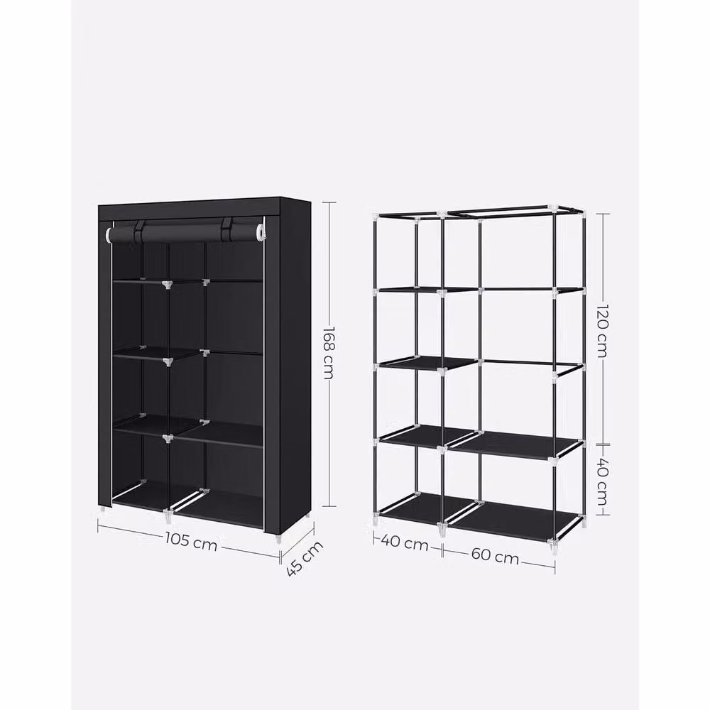 The Bazaarist Black Fabric Wardrobe with Internal Shelves and Hanging Rail – 3
