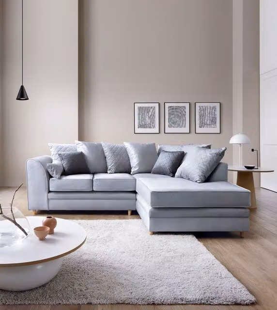 Abakus Direct Chicago L-Shaped Right Hand Facing Corner Sofa in Light Grey Velvet Fabric, W/D/H: 212 x 164 x 78 cm – 1