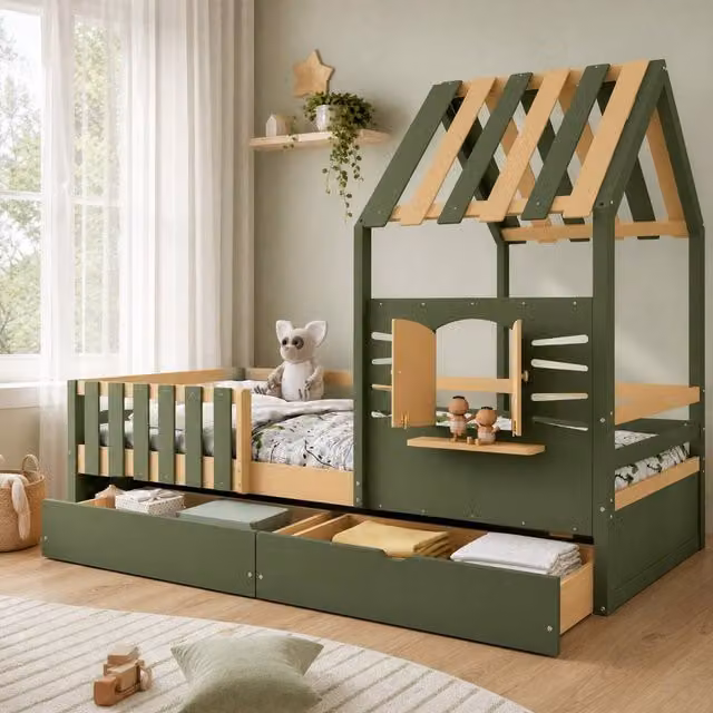 STILVORA Modern Childrens Bed Frame with Drawers in Green Finish, W/D/H: 90 x 190 x 166 cm