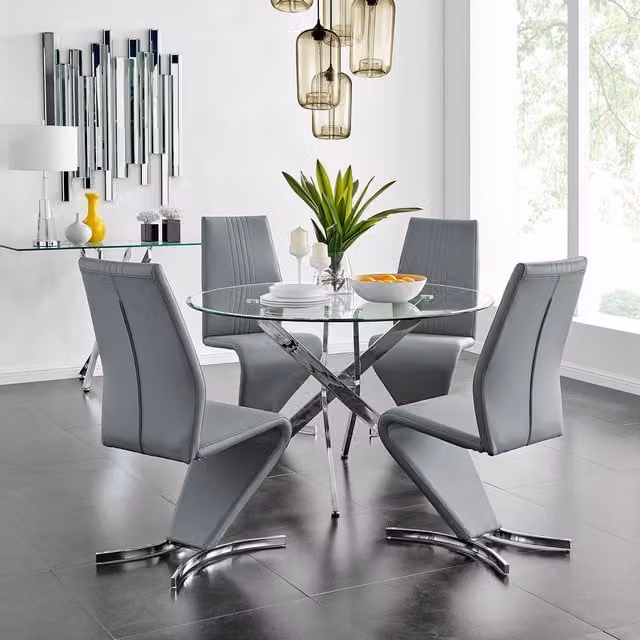 FurnitureboxUK Novara Round Glass Dining Table with 4 Willow Chairs in Grey, Diameter: 120 cm