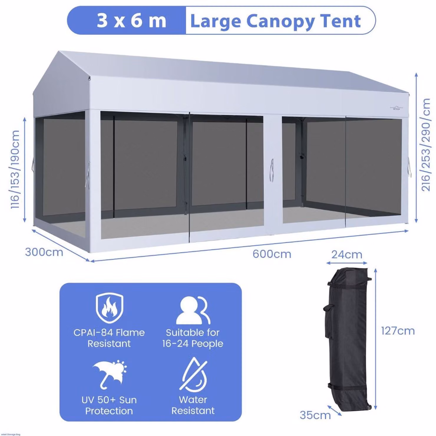Chilli Seating White Pop-Up Canopy with UV Screen and Gable Roof, W: 6 m, D: 3 m, H: 2.9 m – 2