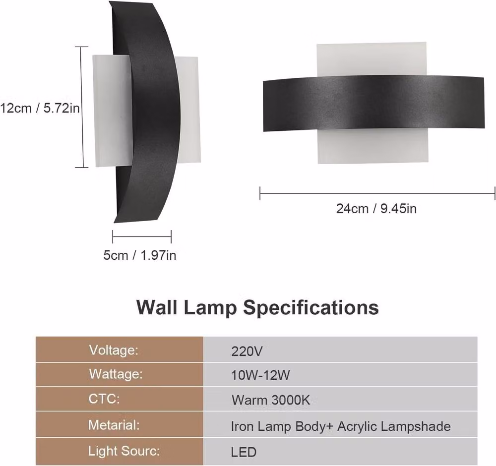 Goeco Modern 12W LED Wall Light in Black with Warm White 3000k Acrylic and Metal Up and Down Lighting for Hallway, Stairs, Bedroom or Living Room – 3