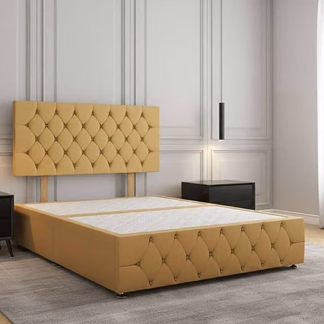 Regional Furnishings Small Double Divan Bed in Yellow Plush Velvet with 24 inch Headboard and Footboard, W/D/H: 120 x 200 cm