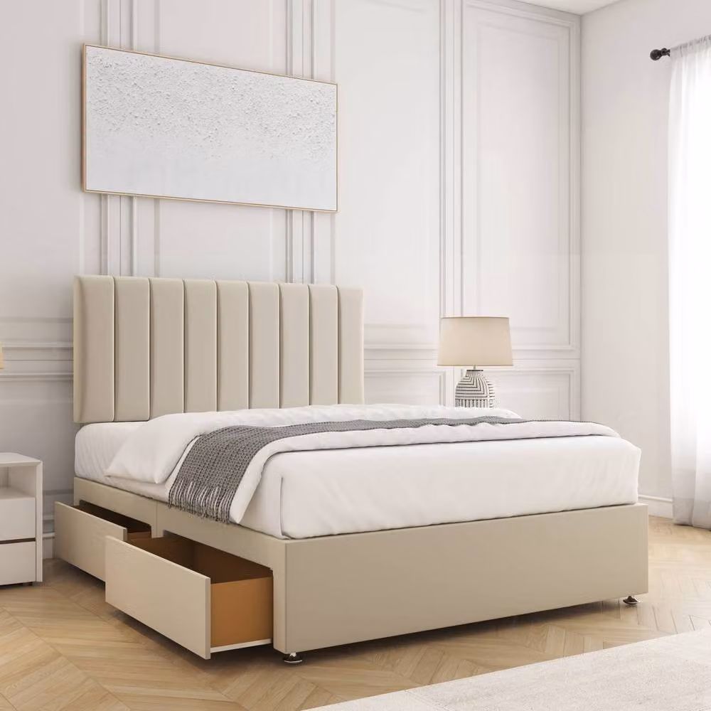 BSSPOKE Aria Double Divan Bed with 24 inch Headboard and 2 Drawers in Cream Plush Velvet, W/D/H: 140 x 200 cm