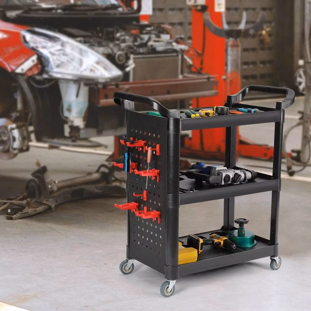 FLAVORA 3 Tier Tool Storage Trolley with Hanging Panel, Black, W: 150 cm, D: 100 cm, H: 100 cm – 4