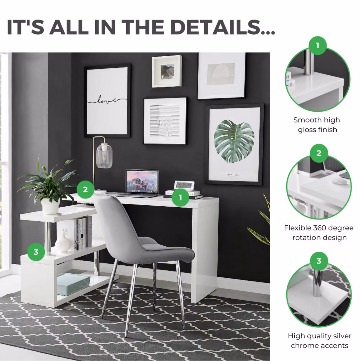FurnitureboxUK Siena White High Gloss Modern Writing Desk with Rotating Top – 6