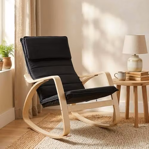 HOMCOM Modern Black Fabric Rocking Chair with Armrests and Solid Wood Frame