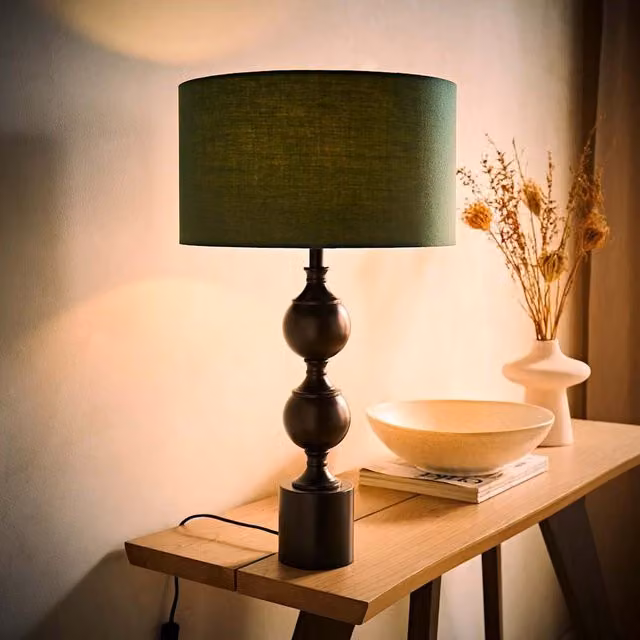 ValueLights Declan Candlestick Table Lamp with Drum Shade in Green and Black