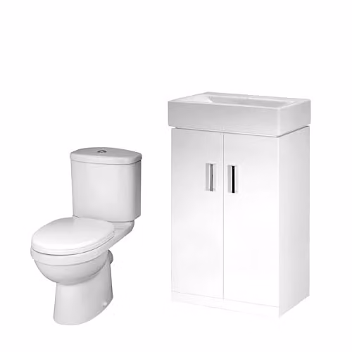 nuie Mayford Modern Bathroom Bundle, Gloss White 2 Door Compact Vanity Basin Unit and Ceramic Toilet with Cistern and Seat