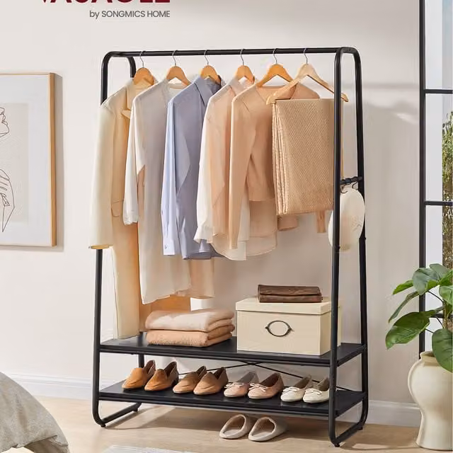 VASAGLE Multifunctional Industrial Clothes Rack with Shelves and Hooks in Black