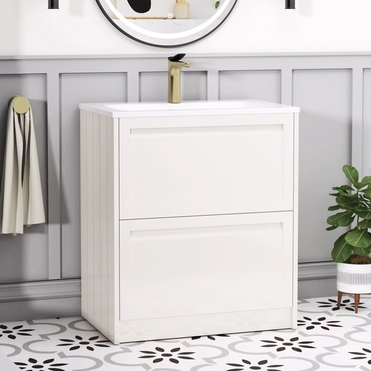 Royal Bathrooms Elmore Traditional Floor Standing 2 Drawer Vanity Unit with Matt Stone Basin, Classic White, Width: 70 cm