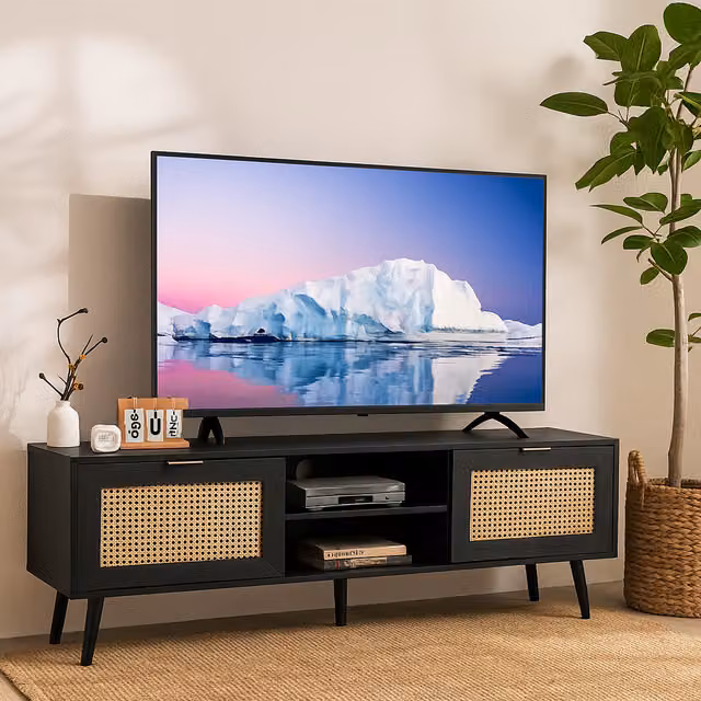 Home Stuff Plus Modern Black Rattan and Pine TV Stand Cabinet, W: 150 cm, D: 40 cm, H: 52 cm