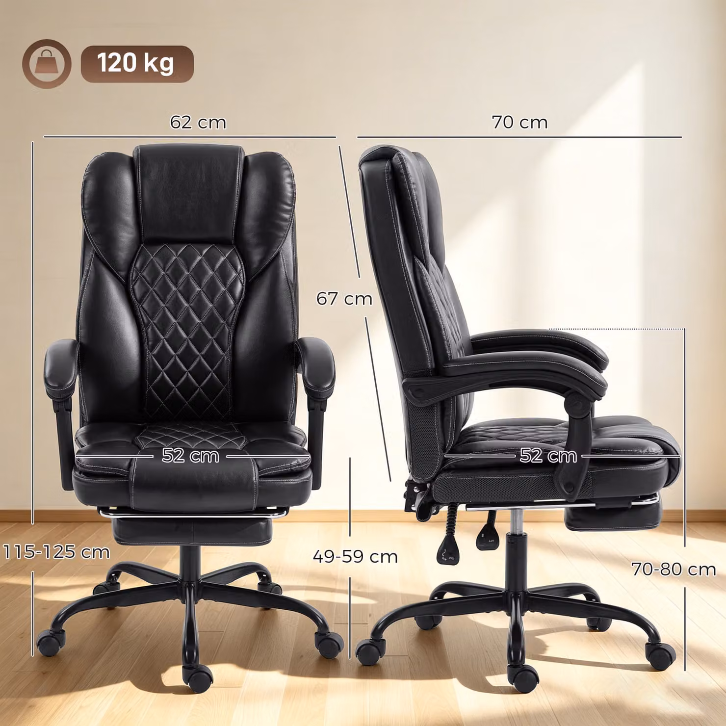 HOMCOM Executive Home Office Chair in Black with Reclining Function, Footrest and Headrest – 3