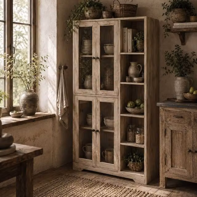 Wyld Haus Mole Tall Kitchen Storage Cabinet in Grey Wood Effect with Glass Doors, W/D/H: 90 x 35 x 172 cm