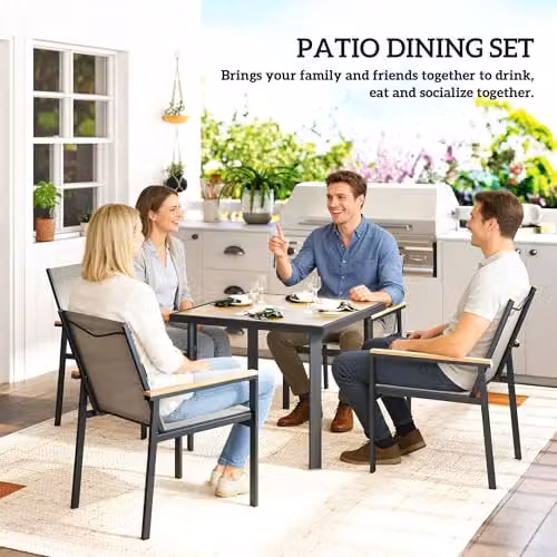 Outsunny 5 Piece Garden Dining Set with Square Glass Table and 4 Chairs in Beige – 3