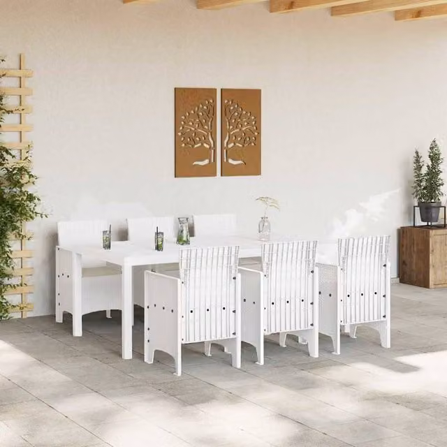 Berkfield Home Modern 7 Piece White Poly Rattan Garden Dining Set with Cushions