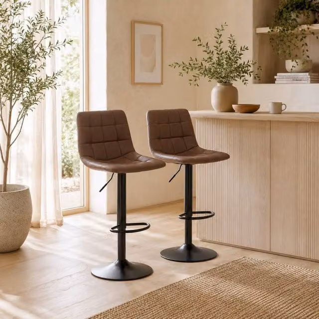 Wyld Haus Ninora Set of 2 Brown Tufted Faux Leather Swivel Bar Stools