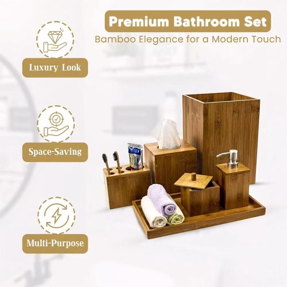 PAWNORA 6-Piece Brown Bamboo Bathroom Accessories Set with Soap Dispenser, Tissue Box, Tray and Bin – 2