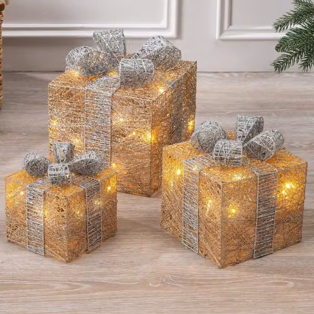 Christow Set of 3 Silver LED Light Up Christmas Present Parcels with Timer, Battery Operated Tabletop Decoration