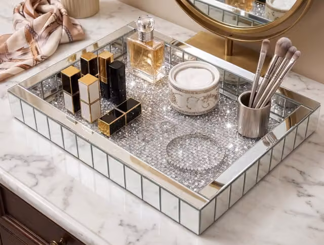 DEENZ Glamour Rectangular Mirrored Glass Tray, Silver, W: 37.5 cm, D: 27.5 cm, H: 5 cm