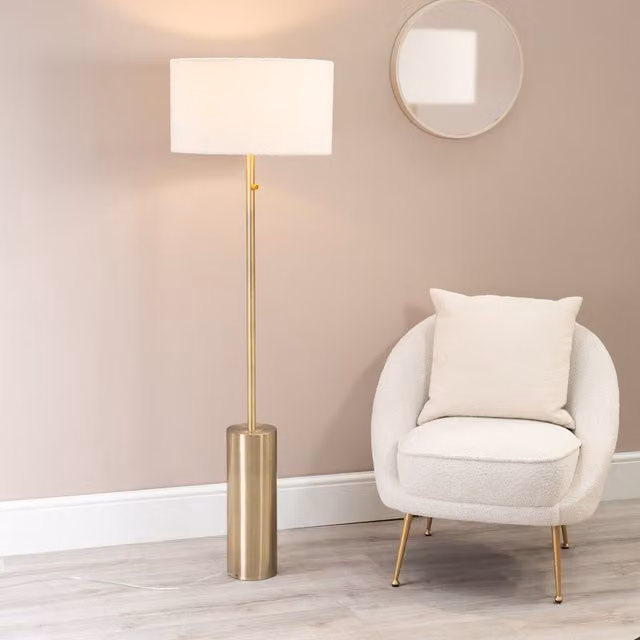 Lexy Antique Brass Dimmable Floor Lamp with Beige Boucle Fabric Shade and LED Bulb