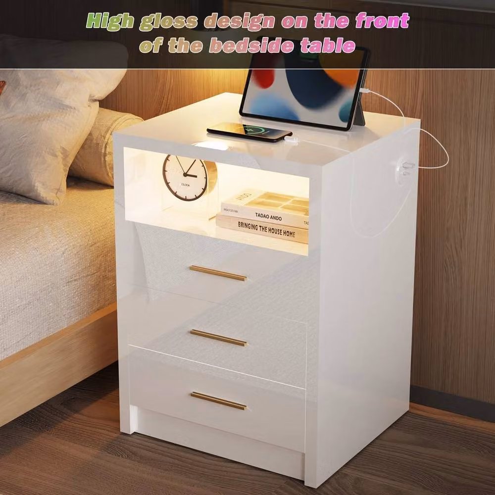 FLAVORA White Modern High Gloss 3 Drawer Bedside Cabinet with Integrated LED Lighting – 5