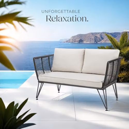 tectake 2 Seater Garden Sofa in Black Polyrattan with Rope Design and Removable Cushions – 7