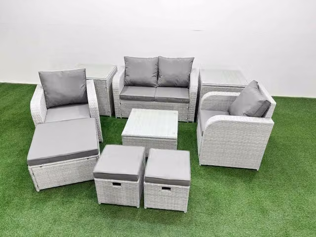 Fimous 7 Seater Grey PE Wicker Rattan Garden Furniture Set with Upholstered Cushions, 2 Seater Sofa, Lounge Armchairs, Ottoman and Coffee Table