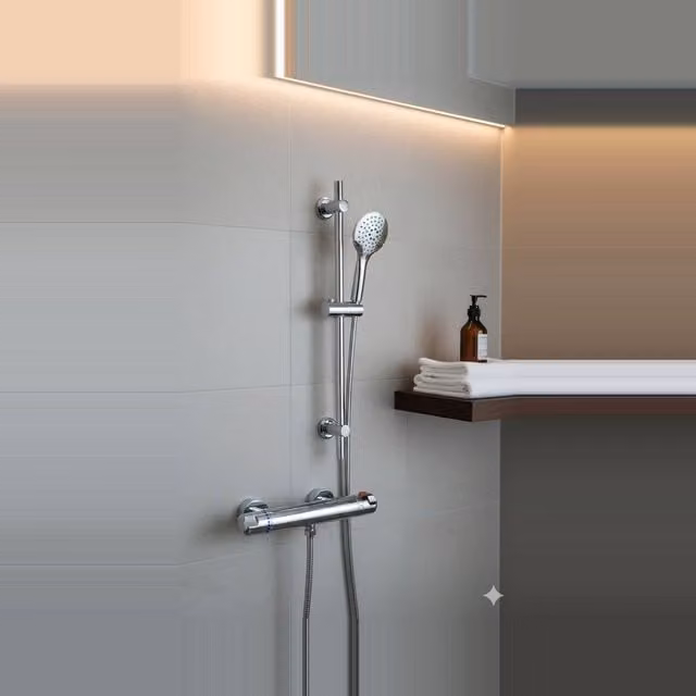 Bathroom Kingdom Bala Chrome Round Thermostatic Bar Shower Set in Silver