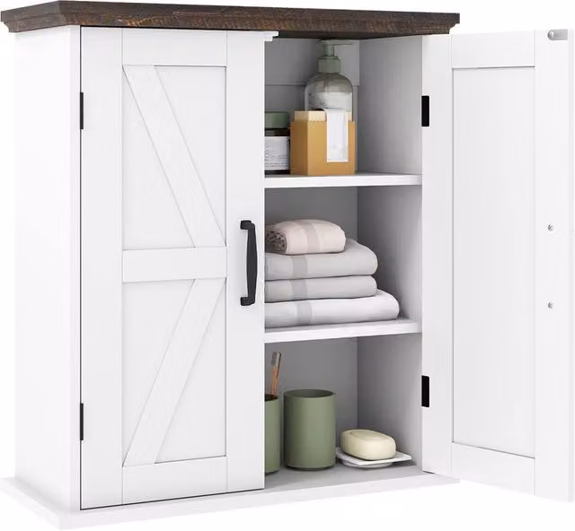 Gymax White Rustic Farmhouse Wall Mounted Bathroom and Kitchen Cabinet with 2 Hinged Doors and Internal Shelves – 1