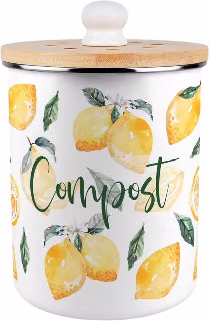 Purely Home Vibrant Lemons Metal Compost Caddy with Flip Lid, 2L, Yellow and White