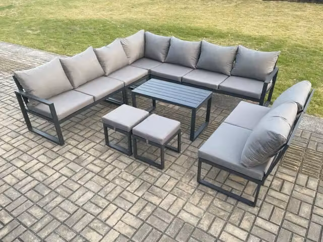 Fimous 11 Seater Aluminium L-Shape Garden Furniture Set in Dark Grey with Coffee Table and Ottomans