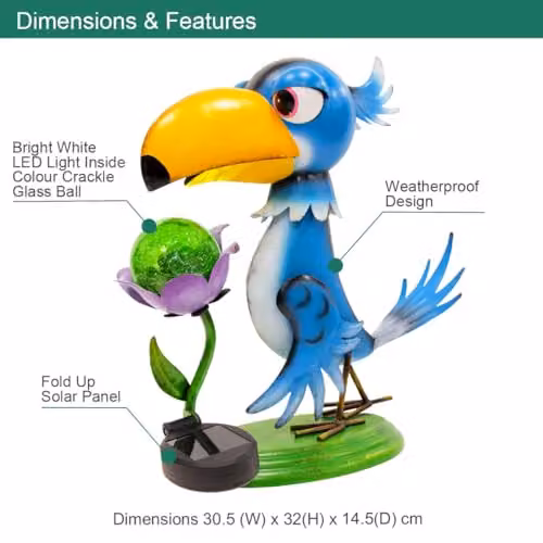 GardenKraft Metal Toucan Solar Powered LED Garden Statue in Multicolour and Blue, H 32.0 cm x W 14.5 cm x D 30.5 cm – 2