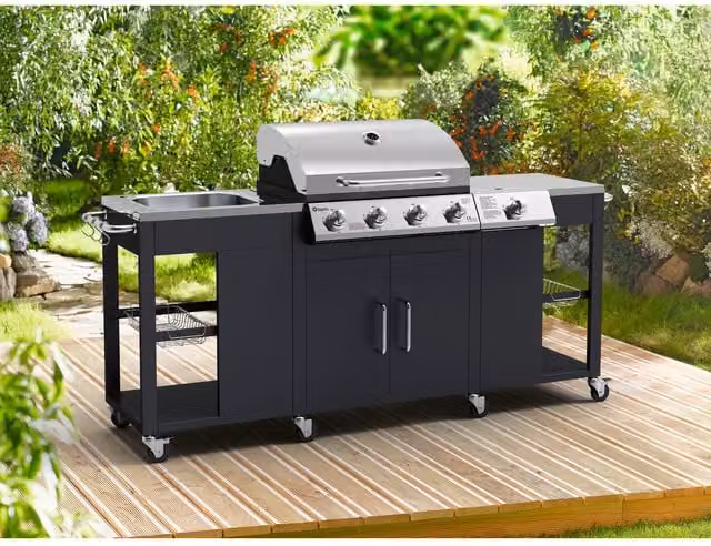 Tepro Petersburg Anthracite Gas Outdoor Kitchen with Stainless Steel Cart, Side Burner and Thermometer