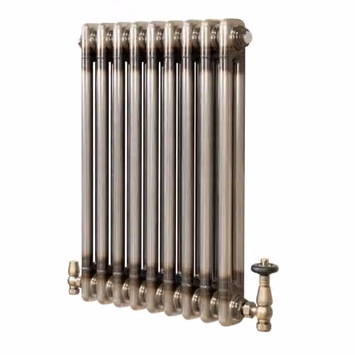 Monster Shop Traditional 2 Column Carbon Steel Radiator in Raw Metal with Thermostatic Radiator Valve Set and Wall Brackets, H: 60.0 cm x W: 42.5 cm x D: 6.8 cm – 1
