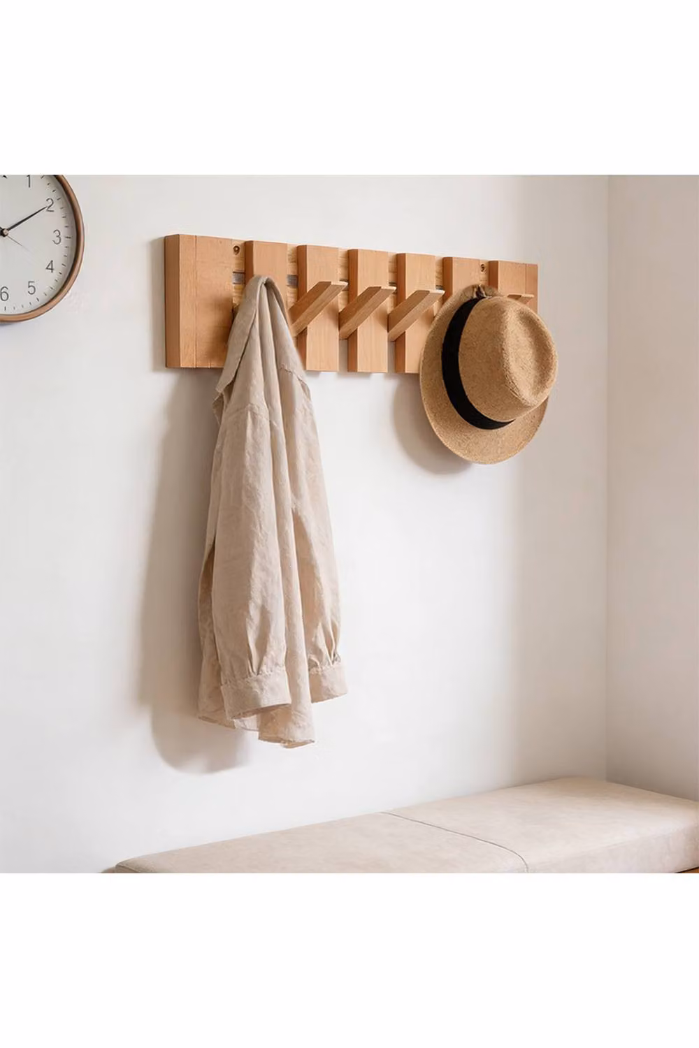 Living and Home Scandinavian Beech Wood Wall-Mounted Coat Rack with 6 Flip-Down Hooks in Natural Sand – 3
