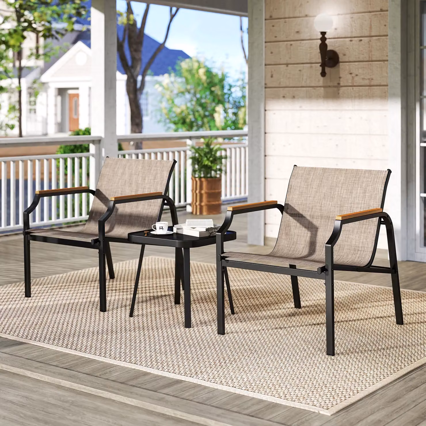 Costway 3 Piece Outdoor Garden Furniture Set with Metal Frame Armchairs and Table in Brown – 2