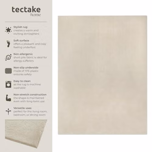 tectake Zonelle Fluffy Rug in Beige, Washable and Allergy-Friendly Short-Pile Polyester, W/D: 200 x 290 cm – 2