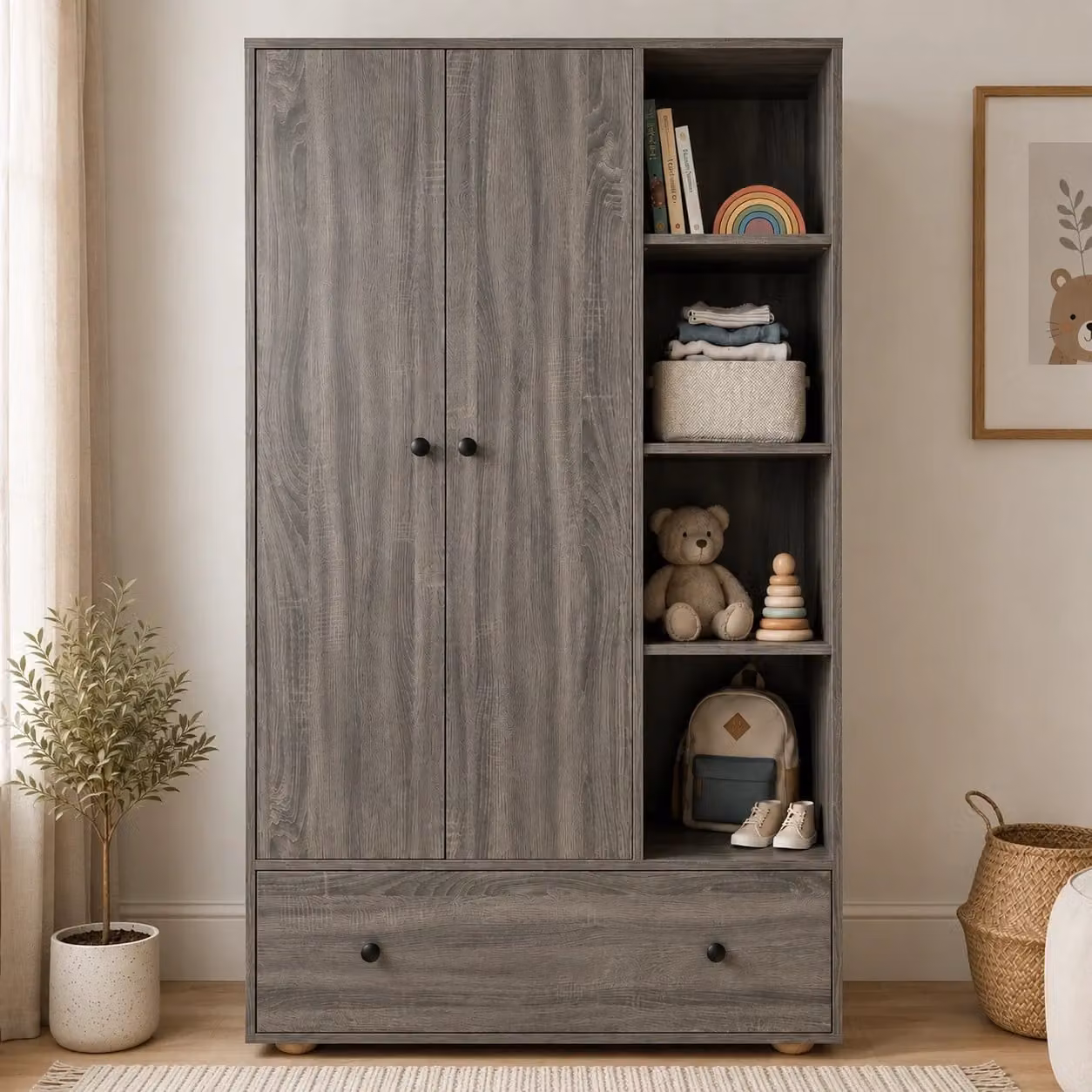 DHS Kids Triple Wardrobe with Drawer and Open Shelves in Grey Wood