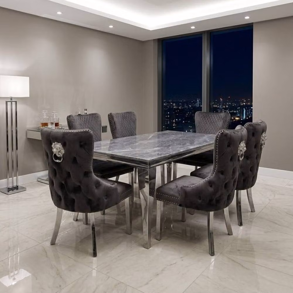 HOME LUXE INTERIOR Sofia Grey Marble Rectangular Dining Table and 6 Victoria Grey Silver Chairs – 2