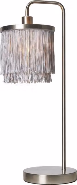 Litecraft Polly Table Lamp with Grey Fringed Shade in Silver and Grey