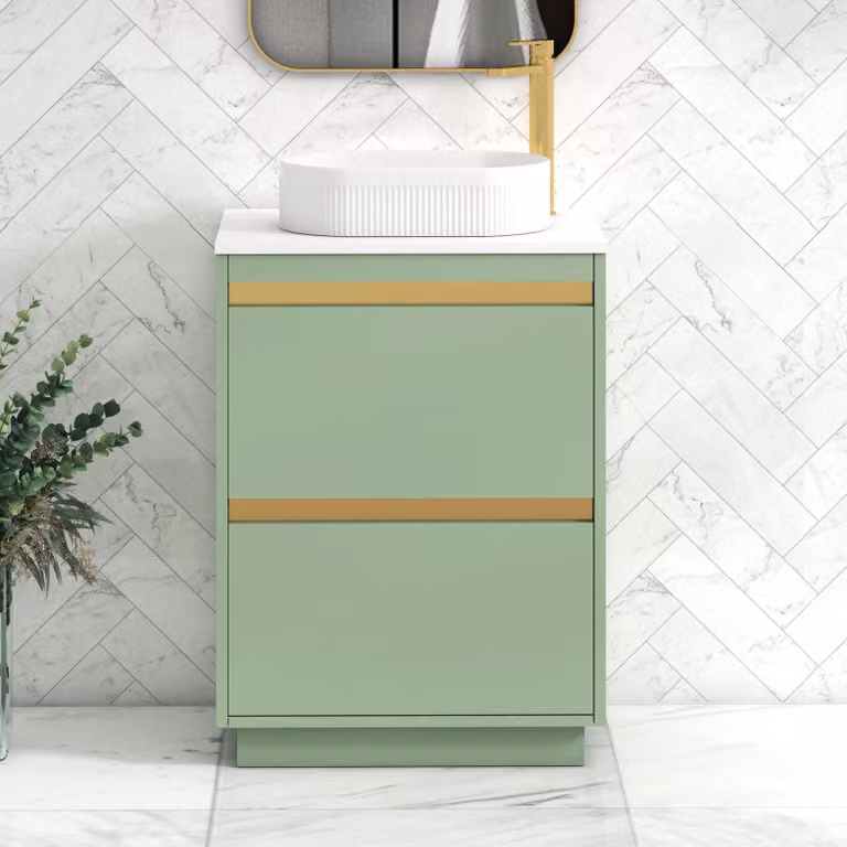 Royal Bathrooms Orion 600mm Mint Sage Floor Standing Vanity Unit with Lyon Basin and Brushed Brass Accents